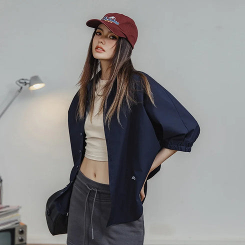 Women's 3/4 Sleeve Loose Blouse – Batwing Casual Shirt with Stand Collar, Spring & Summer Top